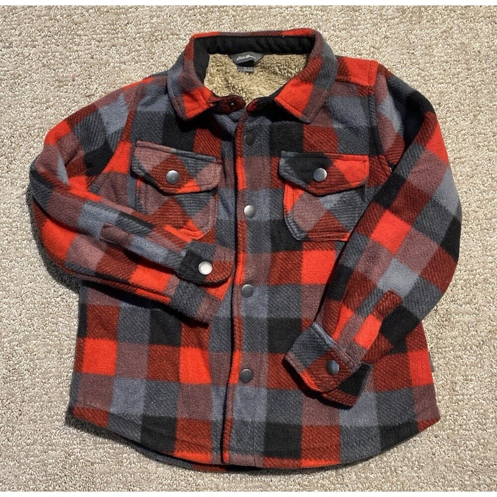 Eddie Bauer Kids Sherpa Lined Flannel Jacket Plaid Red Gray 4/5